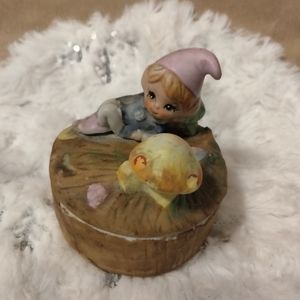 Vintage Ceramic Pixie Elf Gnome Mushroom Porcelain Figurine Jewelry Trinket Box